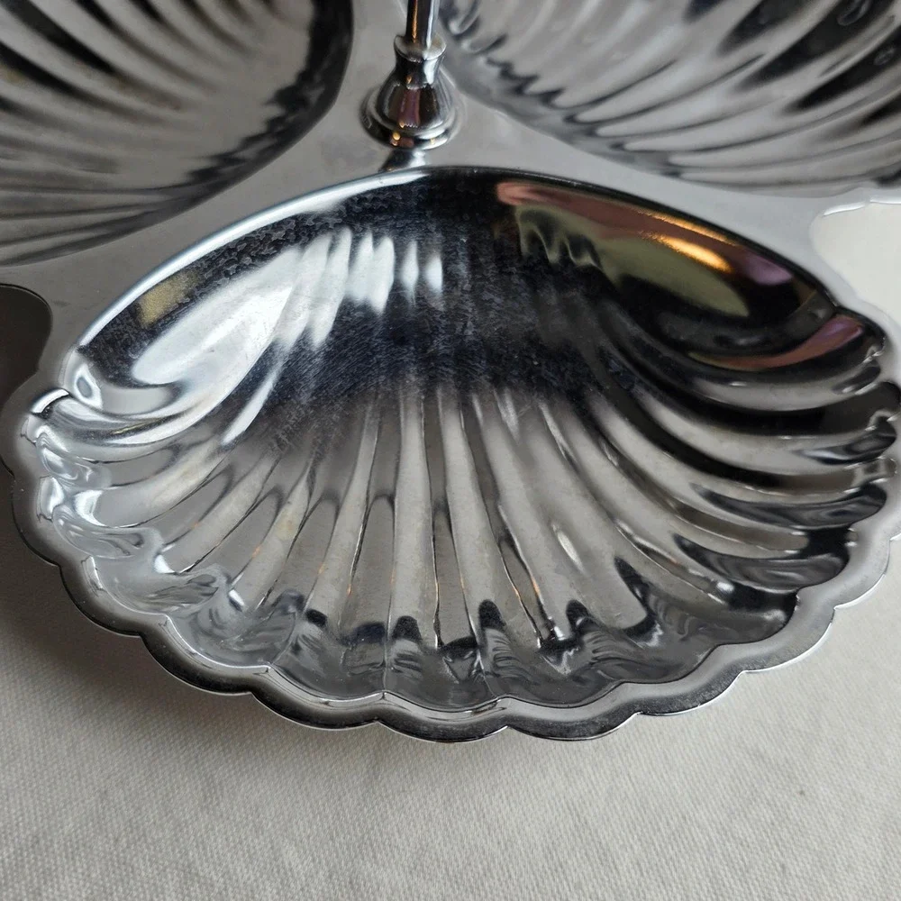 Vintage Irvinware Chrome 3 Section Shell Server Tidbit Tray Made in USA